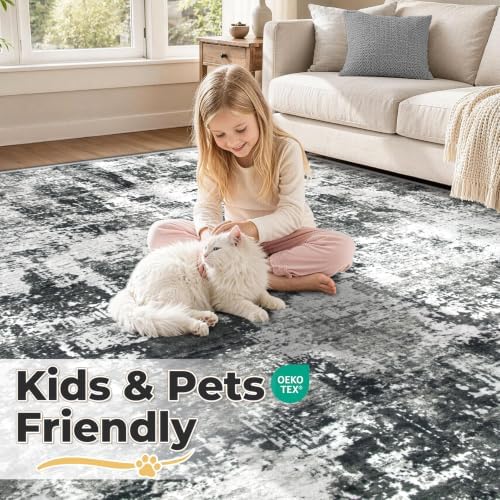 MXSANYOO 6x9 Area Rugs Washable Rug: Abstract Neutral Rugs Modern Non Slip Area Rug Stain Resistant Low Pile Indoor Carpet for Dining Room Bedroom Nursery Office (Black Grey, 6'x9') - Image 4