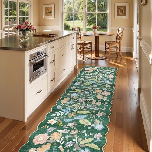 3x12 Washable Hallway Runner Rug: Floral Scalloped Kitchen Runner Rug Green - Image 3