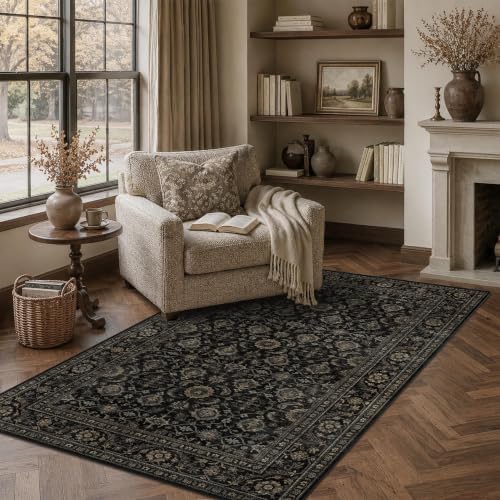 JOOJA 3x5 Black Gold Vintage Washable Area Rug Non Slip Indoor Entryway Rug by JOOJA