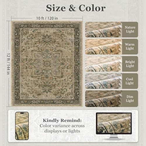 Large Area Rugs 10x12, Living Room Bedroom Carpet Extra Large Size Washable Non Slip, Vintage Distressed Medallio Low Pile Thin Rug for Big Dining Room, Multi Brown/Olive - Image 2