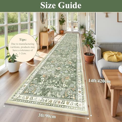 Yamaziot 3x14 Washable Hallway Runner Rug Non Slip Floral Carpet,Sage Green - Image 2