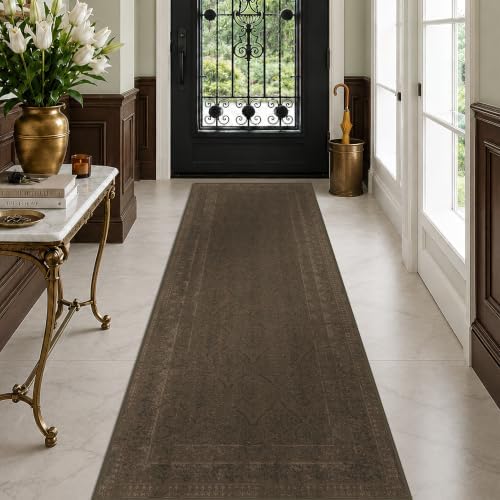 Brown 2'6" x 8' Long Hallway Runner Rug, Non-Slip Washable Vintage Distressed Rugs for Bathroom & Entryway, Low Pile Stain Resistant Kitchen Runner, Modern Farmhouse Décor by TALANOVA