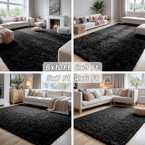 5x8 Fluffy Shag Area Rugs for Living Room Bedroom: Soft Plush Carpet Black - Image 7