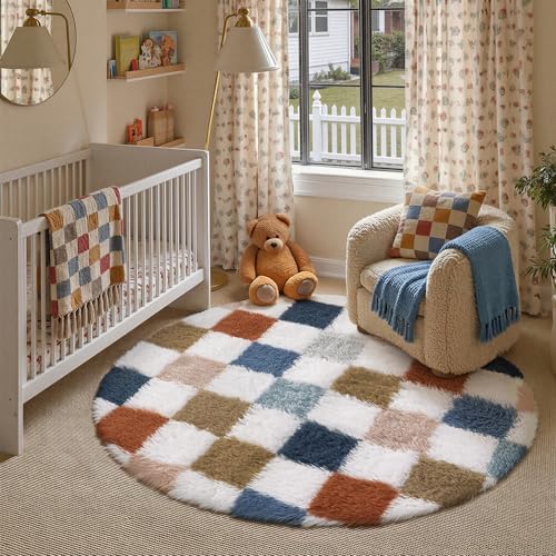 PureCozy Checkered Round Rug 5ft for Playroom Soft Fluffy Shag Carpet by PureCozy