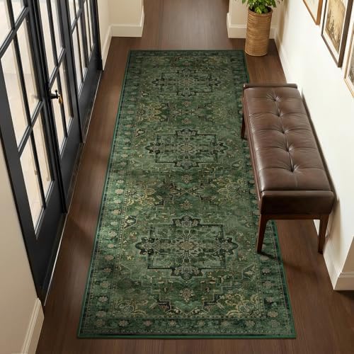 Green Medallion 3x7 Hallway Runner Rug, Washable Non Slip Runners for Kitchen Floor, Low Pile Thin Distressed Vintage Runner Carpet for Entryway/Mudroom/Foyer/Bathroom/Bedroom by Jainmy