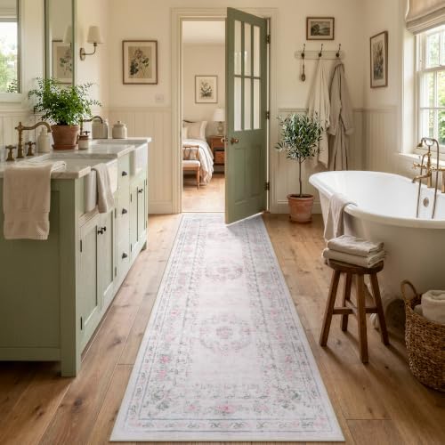 Wonnitar Pink Bow Runner Rug, 2'6" x 8' Washable Hallway Runner, Ultra-Thin Non Slip Soft Floral Carpet for Bedroom Nursery Entryway Corridor Laundry Decor, Light Pink - Image 2