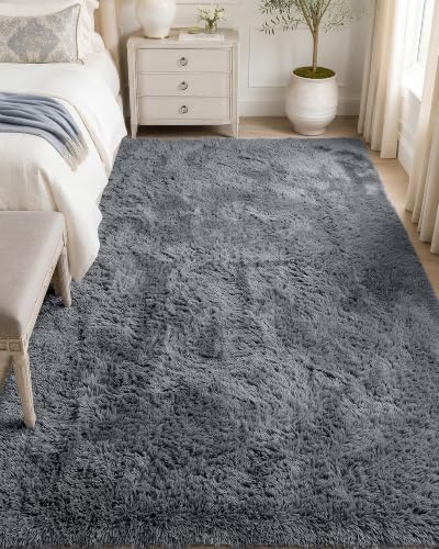 OLANLY 5x6 Area Rugs for Living Room Bedroom, Machine Washable Soft Fluffy Shaggy Bedside Rug, Indoor Floor Carpet for Kids Girls and Boys, Dorms, Nursery Rooms, Home Decor Aesthetic, Grey by OLANLY