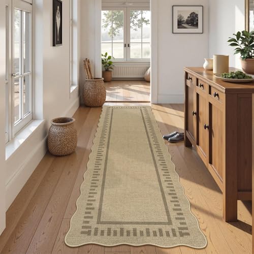 LIVEBOX Scalloped Washable 2x8 Runner Rug, Easy Jute Outdoor Rug Kitchen Tan Rugs for Hallway Entryway, Indoor Non Slip Rugs Farmhouse Geometric Carpet Door Mat for Porch Laundry Room Bedroom Boho - Image 3