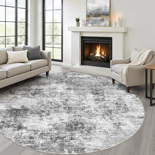 LOONGRUG Round Rug 7x7 Washable Neutral Modern Living Room Rug Black Gray by LOONGRUG