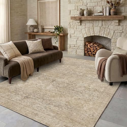 5x7 Washable Boho Area Rug, Non-Slip Dark Beige Bedroom Soft Carpet by LULLOSA