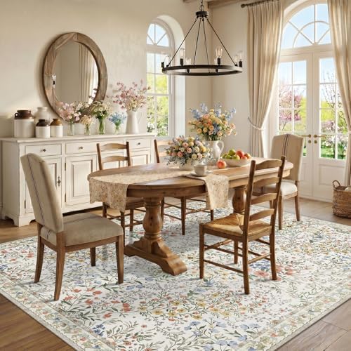 Vintage Botanical Floral Rug 8x10: Cottage Area Rug - Machine Washable Non Slip Low Pile Foldable Carpet - Living Room Bedroom Dining Room Indoor Rug - 8'x10' Beige - Image 3