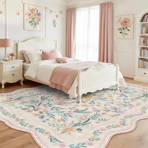 8x10 Scalloped Rug for Living Room, Pink Floral Rug for Girls Bedroom,Washable Rugs Soft Low Pile Non Slip Rugs for Nursery College Bedroom Decor Kids Room Playroom - Image 2