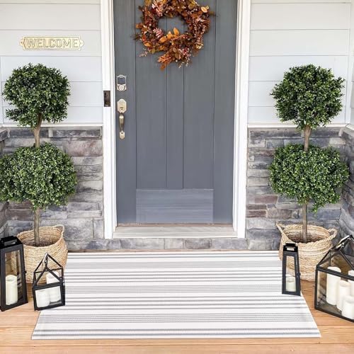 Grey and White Outdoor Rug 24"x51"Fall Washable Striped Front Porch Rug - Image 3