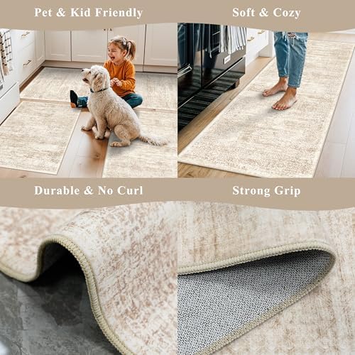 Kitchen Rug Sets 3 Piece Washable – Non Slip Modern Boho Small Kitchen Rugs and Runner Set for Sink Entryway Bathroom Hallway – Soft Low Pile Floor Mats (Cream Beige, 2x3+2x4+2x5) - Image 5