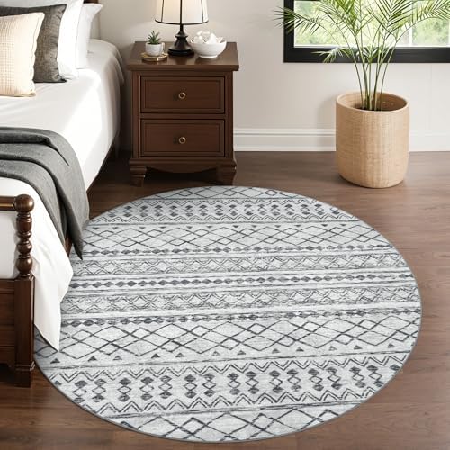 KUTA Boho Round Area Rugs 6Ft Grey Moroccan Circle Washable Rug - Image 3