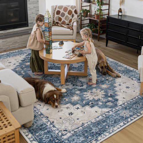 Area Rug 8x10 Vintage Rug: Large Washable Indoor Medallion Rugs Low Pile Distressed Floor Carpet Retro Accent Rug for Living Room Bedroom Kitchen Dining Table Home Office(Blue, 8'x10') - Image 5