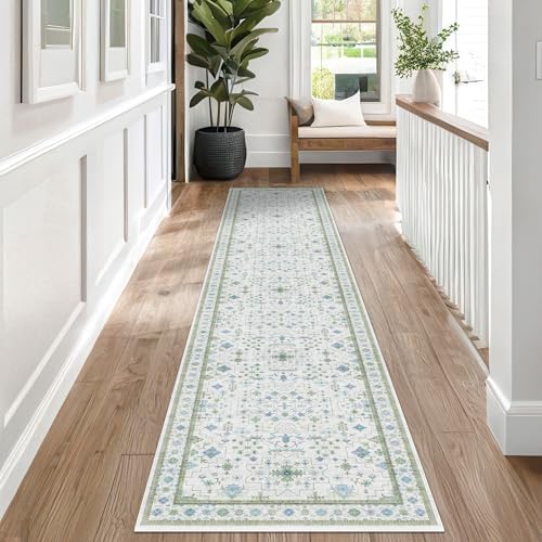 Hazo Haus Oushak Runner 2x10 Hallway Rug - Floral Pastel Boho, Washable Low Pile Non Slip Extra Long Runner Rugs for Kitchen, Hall Way - Cream Blue and Green - Image 6
