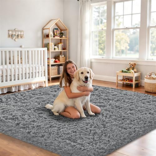 9x12 Area Rug for Living Room,Light Gray Fluffy Shag Non-Slip Bedroom Rugs - Image 4
