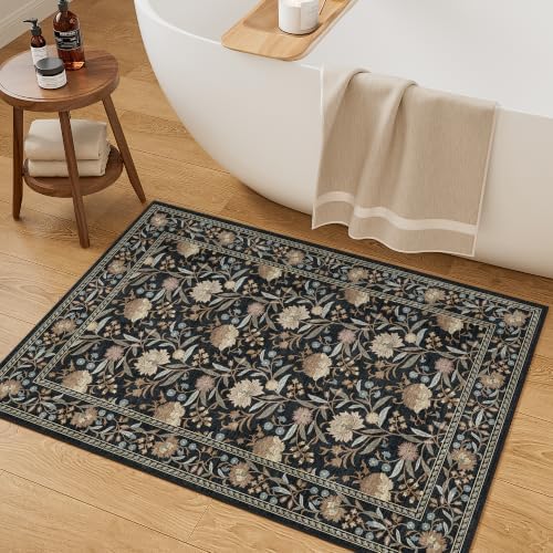 DUKINO 2x3 Rug, Washable Vintage Floral Bathroom Rugs Non Slip, Black - Image 5