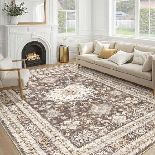 cotiled 9x13 Area Rug for Living Room, Washable, Traditional, Dark Brown by COTILED