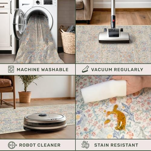 7x10 Washable Rug for Living Room - Stain Resistant Dining Room Rugs for Under Table, Soft Low Pile Large Carpet for Bedroom - Vintage Floral Non-Slip (Beige Blue) - Image 4