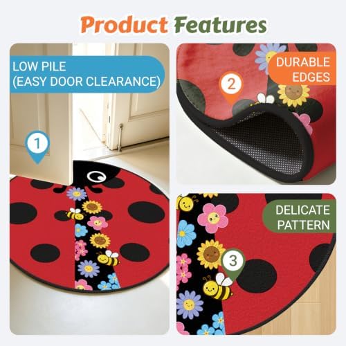 Ladybug Round Kid Rug, Red Soft Washable Non Slip Carpet for Girls Room - Image 5