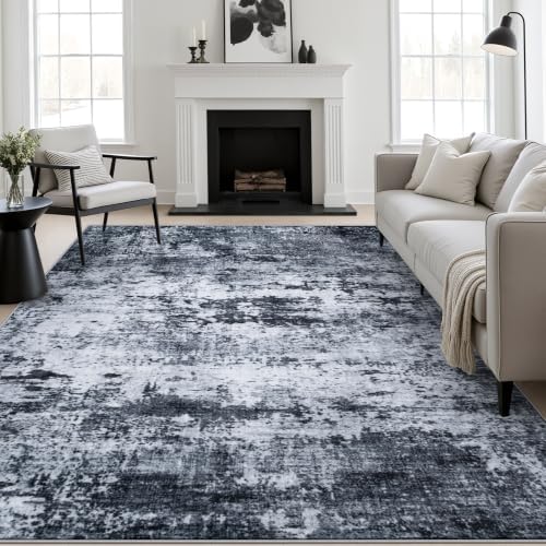 10x12 Area Rug Living Room: Modern Washable Indoor Carpet Black by FXRHLP