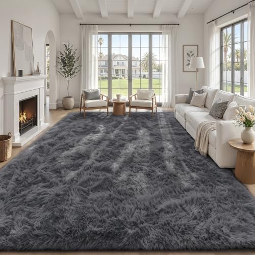 TENGTENGLINK 8x10 Fluffy Shag Area Rug Living Room Bedroom Washable Grey - Image 3