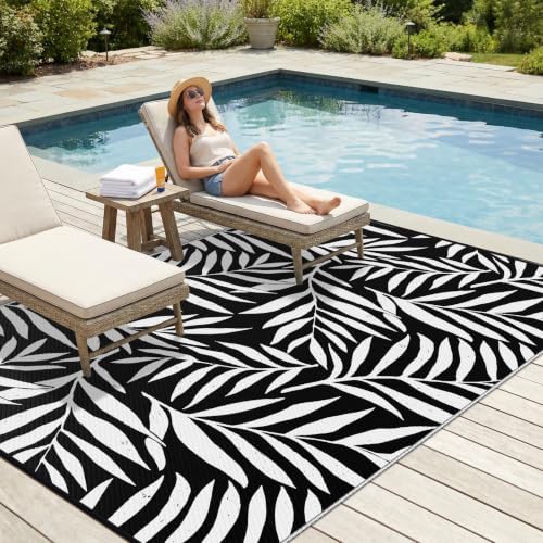 Smiry Outdoor Rug 9x12 ft Waterproof Reversible Leaf Mat, Black & White - Image 3