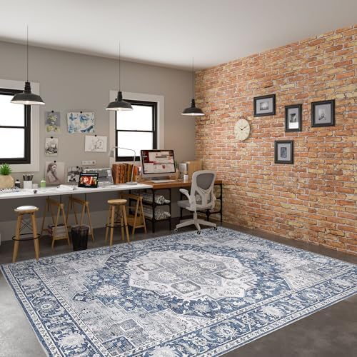 DUKINO 9x12 Rugs for Living Room, Soft Non-Slip Washable Area Rugs, Faux Wool Bedroom Rug with Non-Shedding, Indoor Low-Pile Boho Rugs for Dining Room, Home Office, Blue - Image 3
