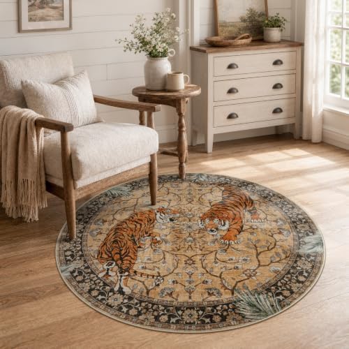 Moynesa Boho Tiger 5ft Round Area Rug, Washable Vintage Living Room Rug by Moynesa