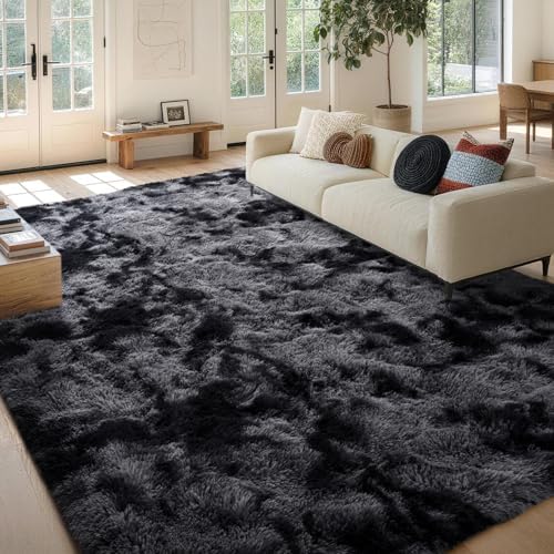 8x10 Non-Slip Fluffy Area Rugs For Living Room (Tie-dye Dark Grey) - Image 2