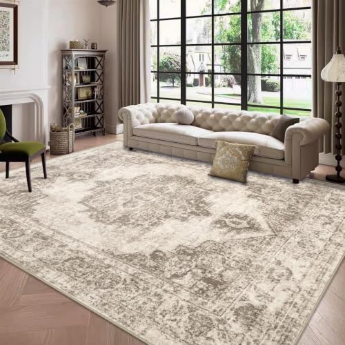 Area Rug 6x9 Vintage Rugs: Washable Indoor Medallion Rug Low Pile Distressed Floor Carpet Retro Accent Rugs for Living Room Bedroom Kitchen Dining Table Home Office(Taupe, 6'x9') by ZomfyRugs
