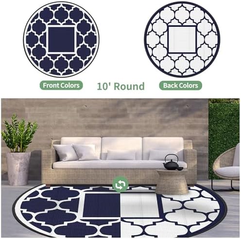 GENIMO Outdoor Rug, Waterproof Plastic Rugs for Patio, 10' Round Blue White - Image 5