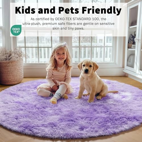ONASAR Round Rugs 5ft for Bedroom Living Room, Tie-Dyed Purple Fluffy Circle Area Rug for Kids Girls Boys Teen, Soft Plush Shaggy Carpet for Nursery Dorm Classroom Playroom Home Decor Aesthetic - Image 3