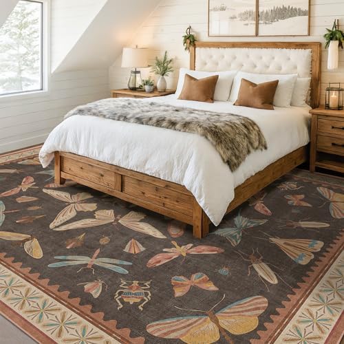 Brown 9x12 Living Room Area Rug, Washable Whimsical Insect Carpet for Bedroom & Dining Room, Farmhouse Low Pile Stain Resistant Rug - Image 3
