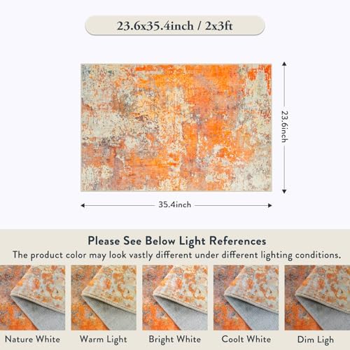 Lahome Modern Abstract Small 2x3 Rug - Washable Kitchen Rugs Non Slip Front Indoor Mat for Entry Bathroom, Contemporary Soft Throw Carpet for Entryway Bedside, Orange/Yellow - Image 2