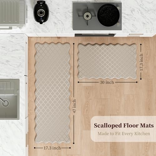 Arenarug Upgrade Scalloped Kitchen Mats for Floor 2PC, Khaki Kitchen Rugs - Image 2