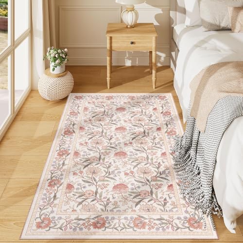 DUKINO 3x5 Rug Washable Vintage Floral Bedroom Area Rug Non Slip Beige Pink by DUKINO