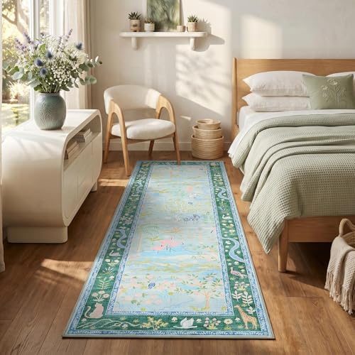 Long Runner Rug for Hallway 2x8 Whimsical Woodland Throw Runner Carpet Non Slip Stain Resistant Nursery Forest Runner Mat Washable Safari Animal Rugs for Living Room Kitchen Bedroom, Teal/Blue - Image 4