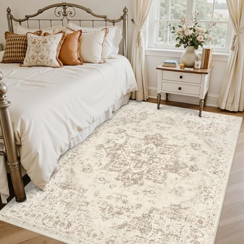 6x6 Area Rugs Living Room: Bedroom Washable Carpet Beige/Ivory - Image 2