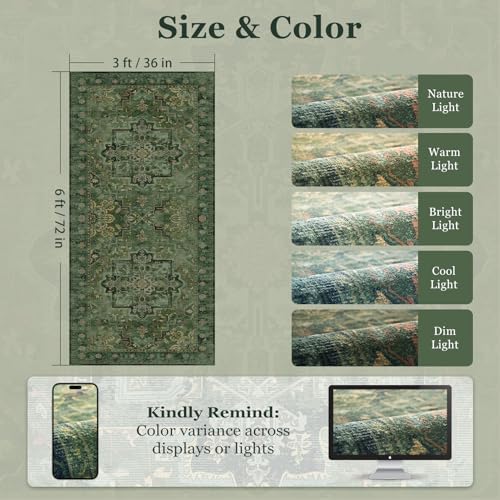 Dark Green 3x6 Runner Rug Non Slip, Washable Thin Kitchen Runner, Vintage Distressed Medallion Carpet Runners for Hallway 6ft Indoor Entryway/Bedroom/Foyer/Laundry Room/Bathroom - Image 2