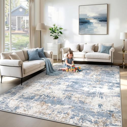 XLUEZ 6x9 Area Rugs for Living Room, Washable Modern Abstract Large Area Rug Neutral Soft Non Slip Kids Rug Stain Resistant Indoor Carpet for Bedroom Nursery Dining Room Playroom(Blue, 6'x9') by XLUEZ