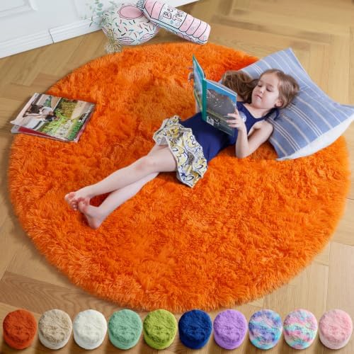 Amdrebio Orange Large Round Shaggy Area Rug 6Ft for Bedroom Living Room by Amdrebio