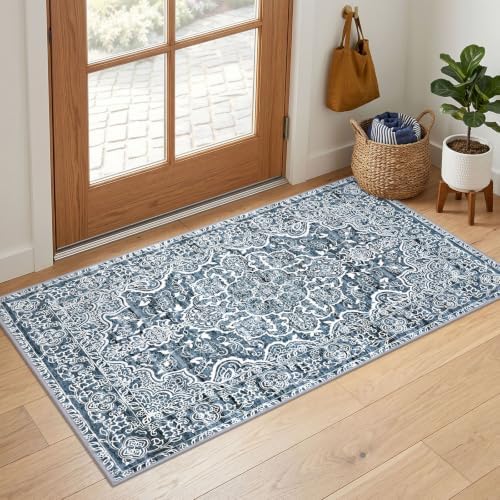 KUTA Entryway Rugs Indoor Vintage Floral Washable Small Area Rug 2x4 Blue by KUTA