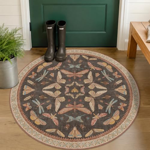 Boho Brown Round Rug 5ft, Soft Washable Throw Carpet for Entryway, Living Room, Kitchen & Reading Corner, Vintage Insect Print Area Rug by HazoHaus