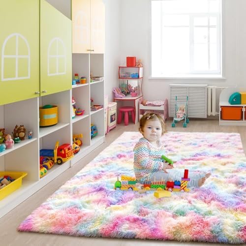 8x10 Extra Large Rainbow Fluffy Soft Area Rug Non-Slip for Kids Bedroom - Image 4