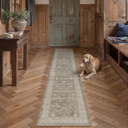 PureCozy Brown Gray Runner Rug 2x8 Vintage Floral Distressed - Image 2