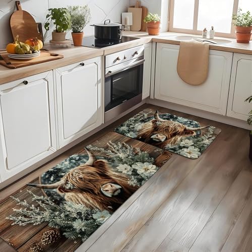 Farmhouse Kitchen Rugs Sets of 2 Non Slip Washable, Rustic Country Highland Cow Kitchen Mats for Floor 2 Piece Home Decor - Image 4
