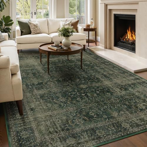 Area Rugs 6x9 Dark Green, Vintage Distressed Earth Tone Living Room Rug Washable Low Pile, Dark Moody Carpet Rug for Bedroom Dining Room Non Slip, Home Office Reading Nook by Jainmy